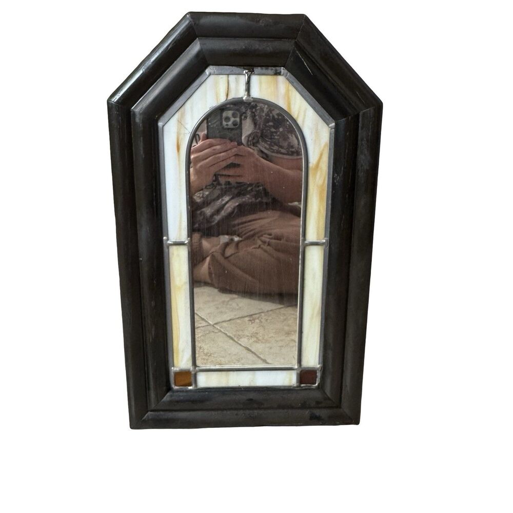 Vtg Mission Style Stained Glass Mirror Wood Frame Mid‎ Century 1985 19.5 x 12